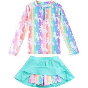 Little Girls Rash Guard Two Pieces Swimsuits Zipper Bathing Suit Rainbow Swimwear Long Sleeve Swimming Skirt with Shorts Size 3 4