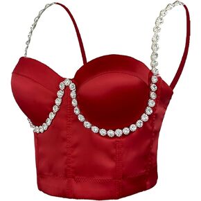 ELLACCI Women's Satin Diamond Rhinestones Shoulder Strap Bustier Crop Top Party Club Corset Top Red