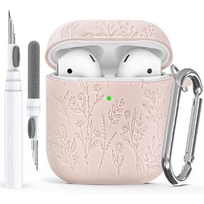 حافظة AirPods الجيل الثاني/الأول 2019 منقوشة بالزهور، غطاء حافظة AirPods من السيليكون الناعم لجهاز AirPod 2/1 Gen حافظة شحن مع مجموعة نظيفة، حلقة تسلق، مصباح LED أمامي مرئي، أخضر صنوبر