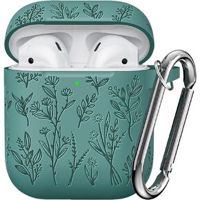 Flower Engraved AirPods 2nd/1st Generation 2019 Case, Soft Silicone AirPods Case Cover for AirPod 2/1 Gen Case Cover Charging Case with Clean Kit, Carabiner, Front LED Visible, Pine Green