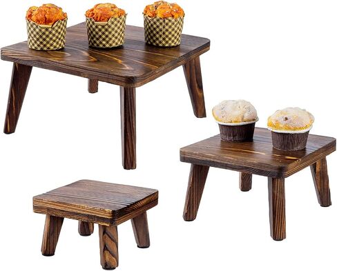 MyGift 3 Pc Set Rustic Burnt Solid Wood Square Nesting Cupcake Stands, Commercial Display Risers for Food or Desserts, Retail Merchandise Pedestals in Saudi Arabia