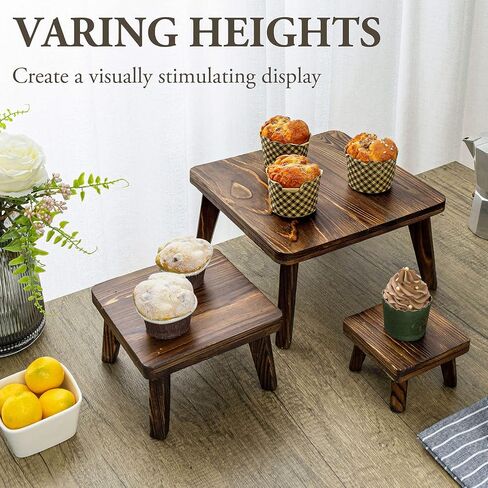 MyGift 3 Pc Set Rustic Burnt Solid Wood Square Nesting Cupcake Stands, Commercial Display Risers for Food or Desserts, Retail Merchandise Pedestals in Saudi Arabia