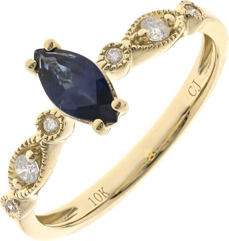 Gin & Grace 10K Yellow Gold Genuine Blue Sapphire Ring with Diamonds for women | Ethically, authentically & organically sourced (Marquise-Cut) shaped Sapphire hand-crafted jewelry for her | Sapphire Ring for women in Saudi Arabia