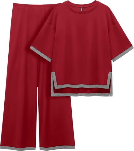 PrinStory 2 Piece Lounge Sets for Women Cotton Pajama Sets Summer Outfit Tracksuits Loungewear Wide Leg Pants in Saudi Arabia