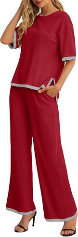 PrinStory 2 Piece Lounge Sets for Women Cotton Pajama Sets Summer Outfit Tracksuits Loungewear Wide Leg Pants in Saudi Arabia