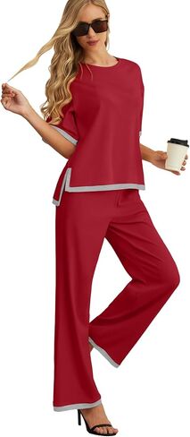 PrinStory 2 Piece Lounge Sets for Women Cotton Pajama Sets Summer Outfit Tracksuits Loungewear Wide Leg Pants in Saudi Arabia