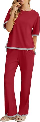 PrinStory 2 Piece Lounge Sets for Women Cotton Pajama Sets Summer Outfit Tracksuits Loungewear Wide Leg Pants in Saudi Arabia