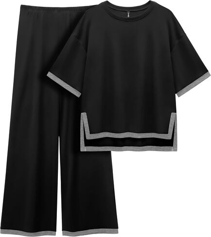 PrinStory 2 Piece Lounge Sets for Women Cotton Pajama Sets Summer Outfit Tracksuits Loungewear Wide Leg Pants in Saudi Arabia