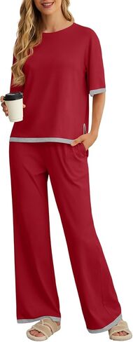 PrinStory 2 Piece Lounge Sets for Women Cotton Pajama Sets Summer Outfit Tracksuits Loungewear Wide Leg Pants in Saudi Arabia