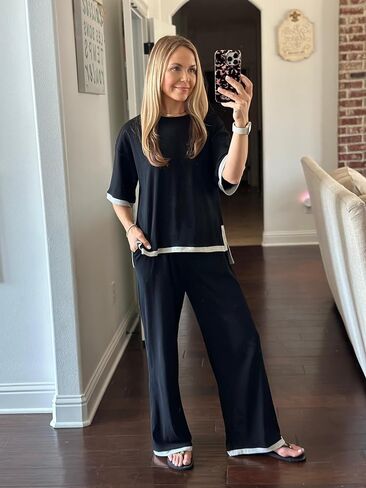 PrinStory 2 Piece Lounge Sets for Women Cotton Pajama Sets Summer Outfit Tracksuits Loungewear Wide Leg Pants in Saudi Arabia