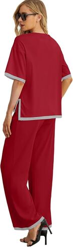 PrinStory 2 Piece Lounge Sets for Women Cotton Pajama Sets Summer Outfit Tracksuits Loungewear Wide Leg Pants in Saudi Arabia
