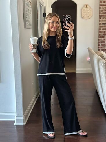 PrinStory 2 Piece Lounge Sets for Women Cotton Pajama Sets Summer Outfit Tracksuits Loungewear Wide Leg Pants in Saudi Arabia