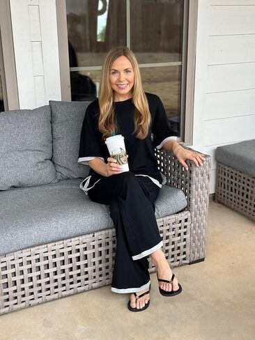 PrinStory 2 Piece Lounge Sets for Women Cotton Pajama Sets Summer Outfit Tracksuits Loungewear Wide Leg Pants in Saudi Arabia