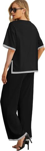 PrinStory 2 Piece Lounge Sets for Women Cotton Pajama Sets Summer Outfit Tracksuits Loungewear Wide Leg Pants in Saudi Arabia