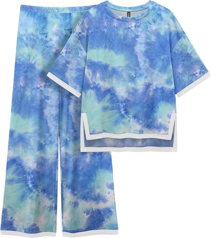 PrinStory 2 Piece Lounge Sets for Women Cotton Pajama Sets Summer Outfit Tracksuits Loungewear Wide Leg Pants in Saudi Arabia