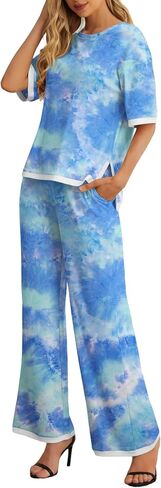 PrinStory 2 Piece Lounge Sets for Women Cotton Pajama Sets Summer Outfit Tracksuits Loungewear Wide Leg Pants in Saudi Arabia