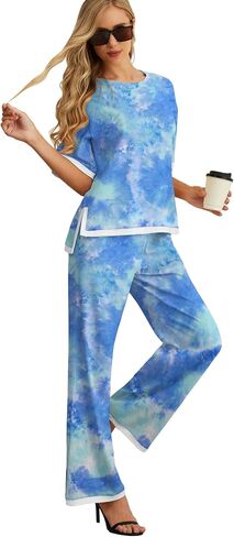 PrinStory 2 Piece Lounge Sets for Women Cotton Pajama Sets Summer Outfit Tracksuits Loungewear Wide Leg Pants in Saudi Arabia