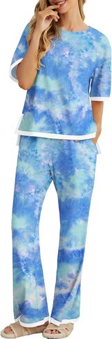 PrinStory 2 Piece Lounge Sets for Women Cotton Pajama Sets Summer Outfit Tracksuits Loungewear Wide Leg Pants in Saudi Arabia