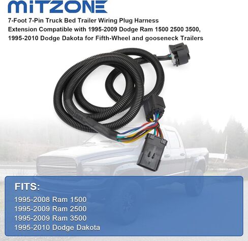 mitzone 7 أقدام 7 دبوس شاحنة سرير مقطورة الأسلاك التوصيل تسخير تمديد متوافق مع 1995-2009 دودج رام 1500 2500 3500، 1995-2010 دودج داكوتا للعجلة الخامسة والمقطورات معقوفة in Saudi Arabia