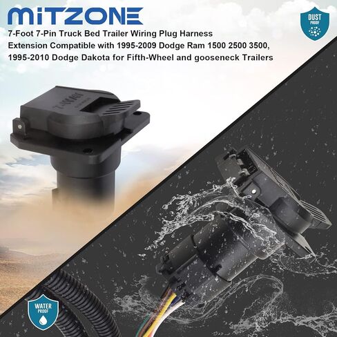 mitzone 7 أقدام 7 دبوس شاحنة سرير مقطورة الأسلاك التوصيل تسخير تمديد متوافق مع 1995-2009 دودج رام 1500 2500 3500، 1995-2010 دودج داكوتا للعجلة الخامسة والمقطورات معقوفة in Saudi Arabia