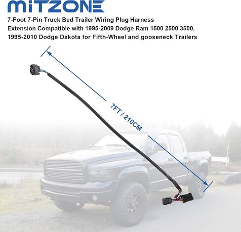 mitzone 7 أقدام 7 دبوس شاحنة سرير مقطورة الأسلاك التوصيل تسخير تمديد متوافق مع 1995-2009 دودج رام 1500 2500 3500، 1995-2010 دودج داكوتا للعجلة الخامسة والمقطورات معقوفة in Saudi Arabia