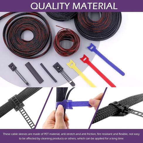 Swpeet 75 قطعة 1/2 بوصة 1/4 بوصة 3/8 بوصة غلاف كابل مضفر قابل للتوسيع وأنبوب انكماش حراري مع أربطة كابل نايلون ذاتية اللصق ومجموعة متنوعة من روابط كابل التثبيت القابلة لإعادة الاستخدام لأسلاك السيارات in Saudi Arabia