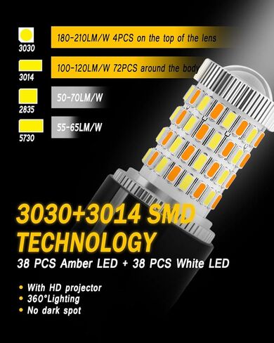 AUXLIGHT 7443 7444 992 T20 7443NA 7441 لمبات LED Switchback 76SMD شرائح أبيض/كهرمان مع استبدال جهاز العرض لإشارة الانعطاف الأمامية/الخلفية لأضواء الجري أثناء النهار/DRL (حزمة من 2) in Kuwait