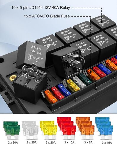 صندوق ترحيل الصمامات السلكي مسبقًا مقاوم للماء، 2 فتحات ترحيل 4 دبابيس 80 أمبير و6 حامل فيوز ATC/ATO، مع 2 مرحلات و6 صمامات، كتلة فيوز مرحل لسيارة شاحنة قارب RV السيارات البحرية in Kuwait