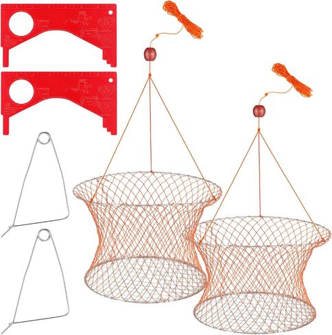2 Sets Crab Trap Bait Wire Grid Bottom Crab Nets Foldable Fishing Net Hand Casting Cage Crab Ring Trap with Harness and Bait Clip in Saudi Arabia