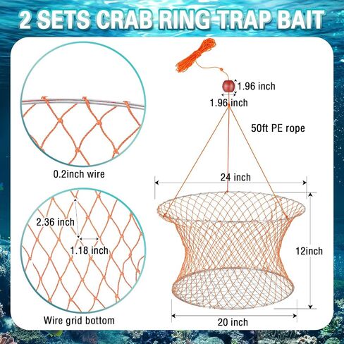2 Sets Crab Trap Bait Wire Grid Bottom Crab Nets Foldable Fishing Net Hand Casting Cage Crab Ring Trap with Harness and Bait Clip in Saudi Arabia