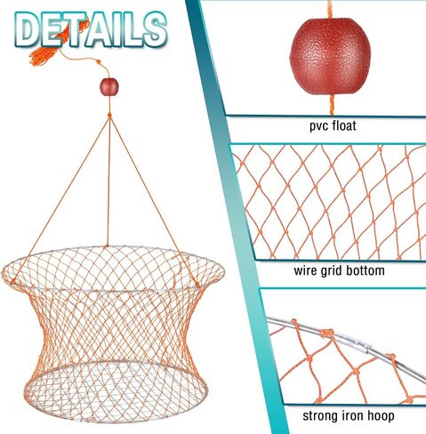 2 Sets Crab Trap Bait Wire Grid Bottom Crab Nets Foldable Fishing Net Hand Casting Cage Crab Ring Trap with Harness and Bait Clip in Saudi Arabia