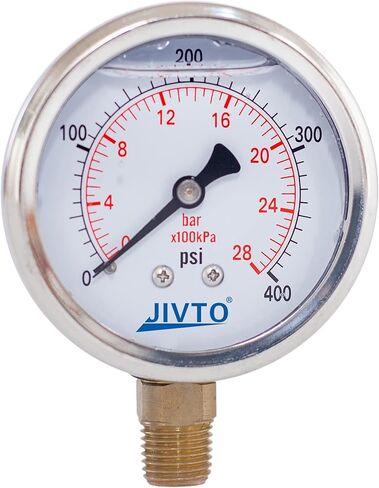 مقياس ضغط JIVTO، مملوء بالسائل، قطر 2-1/2 بوصة، 0-600 رطل لكل بوصة مربعة، 0-40 بار/كبا، حامل سفلي 1/4 بوصة NPT in Kuwait