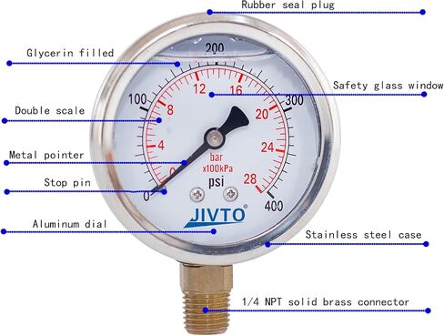 مقياس ضغط JIVTO، مملوء بالسائل، قطر 2-1/2 بوصة، 0-600 رطل لكل بوصة مربعة، 0-40 بار/كبا، حامل سفلي 1/4 بوصة NPT in Kuwait