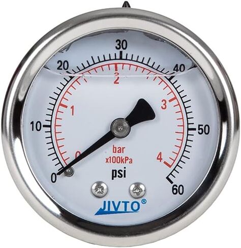 مقياس ضغط JIVTO، مملوء بالسائل، قطر 2-1/2 بوصة، 0-600 رطل لكل بوصة مربعة، 0-40 بار/كبا، حامل سفلي 1/4 بوصة NPT in Kuwait