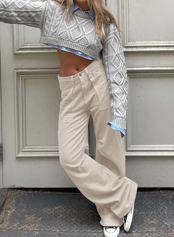 سراويل Darong النسائية ذات الأرجل الواسعة المستقيمة وبنطلون Y2K مع 6 جيوب in Kuwait