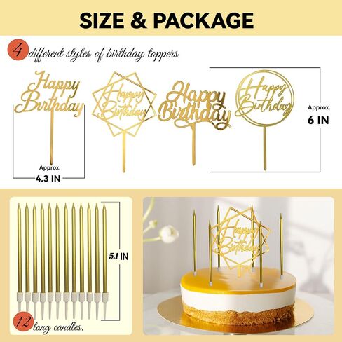 Gold Happy Birthday Cake Toppers Birthday Candles for Cake Decorating Supplies Long Golden Birthday Candles with Acrylic Happy Birthday Cupcake Topper Decorations Anniversary Birthday Sign in Saudi Arabia