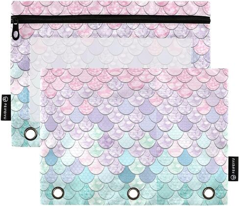 Binder Pouches,Pink Turquoise Mermaid Scales Binder Pencil Pouch for 3 Ring 2 Pack Binder Pencil Pouch with Clear Window Pencil Bags with Zipper for School Office Supplies in Saudi Arabia