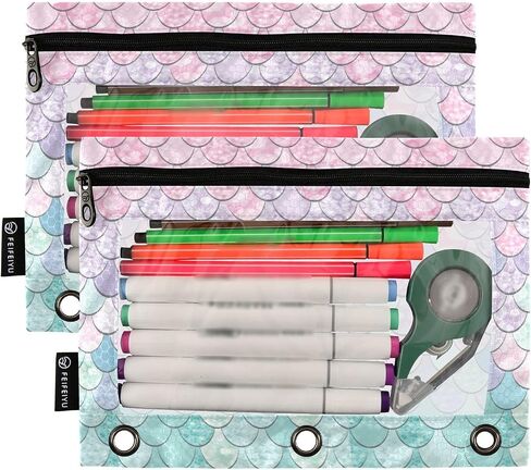 Binder Pouches,Pink Turquoise Mermaid Scales Binder Pencil Pouch for 3 Ring 2 Pack Binder Pencil Pouch with Clear Window Pencil Bags with Zipper for School Office Supplies in Saudi Arabia