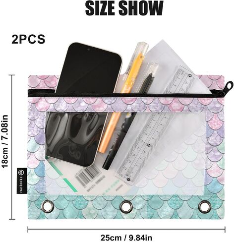Binder Pouches,Pink Turquoise Mermaid Scales Binder Pencil Pouch for 3 Ring 2 Pack Binder Pencil Pouch with Clear Window Pencil Bags with Zipper for School Office Supplies in Saudi Arabia
