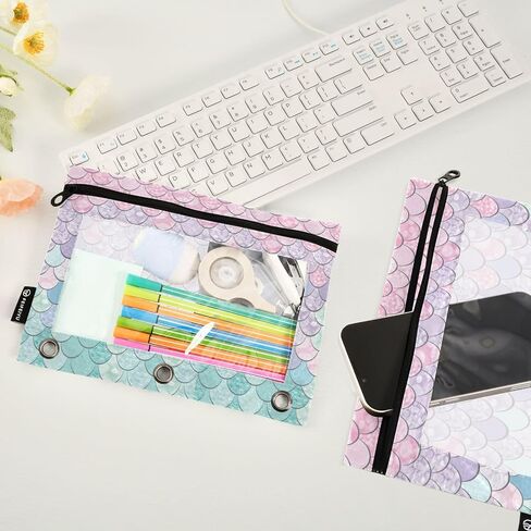 Binder Pouches,Pink Turquoise Mermaid Scales Binder Pencil Pouch for 3 Ring 2 Pack Binder Pencil Pouch with Clear Window Pencil Bags with Zipper for School Office Supplies in Saudi Arabia