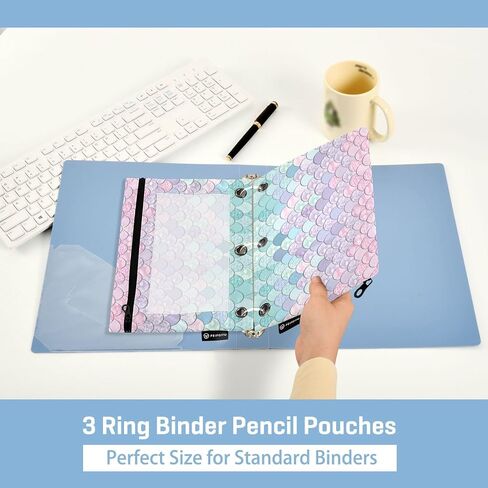 Binder Pouches,Pink Turquoise Mermaid Scales Binder Pencil Pouch for 3 Ring 2 Pack Binder Pencil Pouch with Clear Window Pencil Bags with Zipper for School Office Supplies in Saudi Arabia
