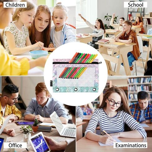 Binder Pouches,Pink Turquoise Mermaid Scales Binder Pencil Pouch for 3 Ring 2 Pack Binder Pencil Pouch with Clear Window Pencil Bags with Zipper for School Office Supplies in Saudi Arabia
