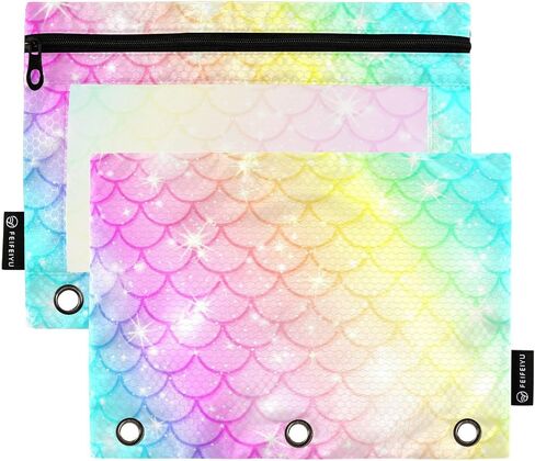 Binder Pouches,Pink Turquoise Mermaid Scales Binder Pencil Pouch for 3 Ring 2 Pack Binder Pencil Pouch with Clear Window Pencil Bags with Zipper for School Office Supplies in Saudi Arabia
