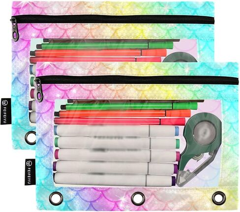Binder Pouches,Pink Turquoise Mermaid Scales Binder Pencil Pouch for 3 Ring 2 Pack Binder Pencil Pouch with Clear Window Pencil Bags with Zipper for School Office Supplies in Saudi Arabia