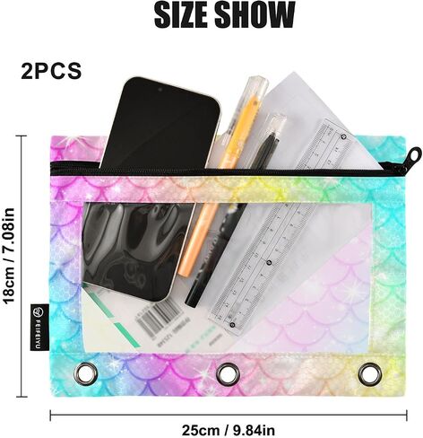 Binder Pouches,Pink Turquoise Mermaid Scales Binder Pencil Pouch for 3 Ring 2 Pack Binder Pencil Pouch with Clear Window Pencil Bags with Zipper for School Office Supplies in Saudi Arabia