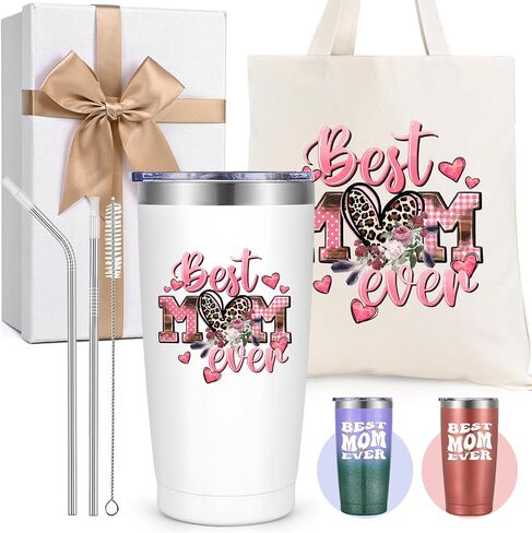 LiqCool Mothers Day Gifts for Mom Wife- Best Mom Ever Tumbler Gift Set, Gifts for Mom from Daughter Son, Unique Popular Mother's Day Gift Ideas, 20 Oz Mom Birthday Cup(White) in Saudi Arabia