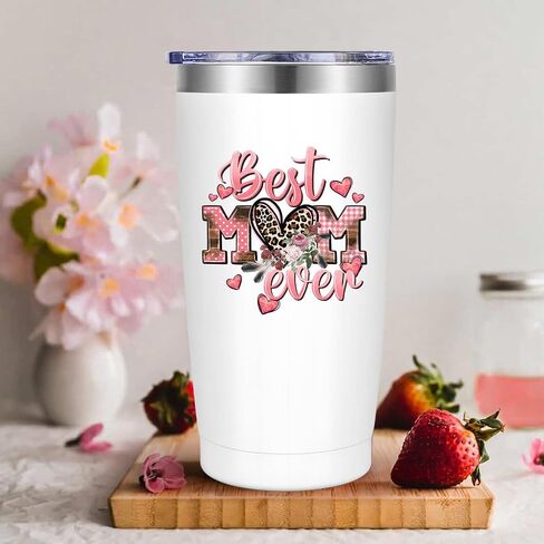 LiqCool Mothers Day Gifts for Mom Wife- Best Mom Ever Tumbler Gift Set, Gifts for Mom from Daughter Son, Unique Popular Mother's Day Gift Ideas, 20 Oz Mom Birthday Cup(White) in Saudi Arabia