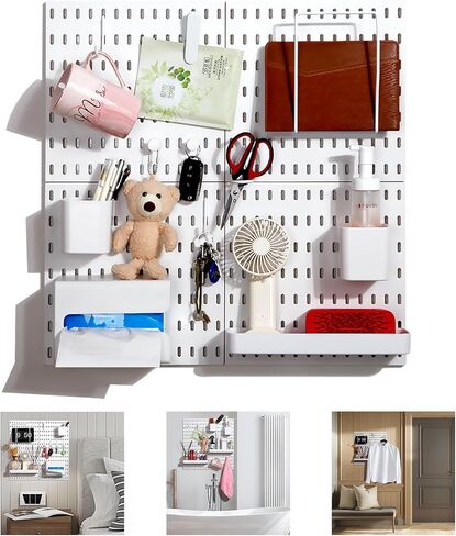 Zoeynex Modular Pegboard Wall Organizer Kit: Stylish Storage Solution for Decor, Crafts, and Display - Includes 26 Durable Accessories & 4 Peg Boards, High Load-Bearing, Easy Install, White, 22" x 22" in Kuwait