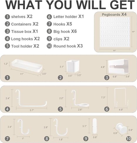 Zoeynex Modular Pegboard Wall Organizer Kit: Stylish Storage Solution for Decor, Crafts, and Display - Includes 26 Durable Accessories & 4 Peg Boards, High Load-Bearing, Easy Install, White, 22" x 22" in Kuwait