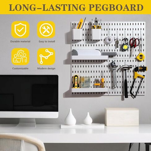 Zoeynex Modular Pegboard Wall Organizer Kit: Stylish Storage Solution for Decor, Crafts, and Display - Includes 26 Durable Accessories & 4 Peg Boards, High Load-Bearing, Easy Install, White, 22" x 22" in Kuwait